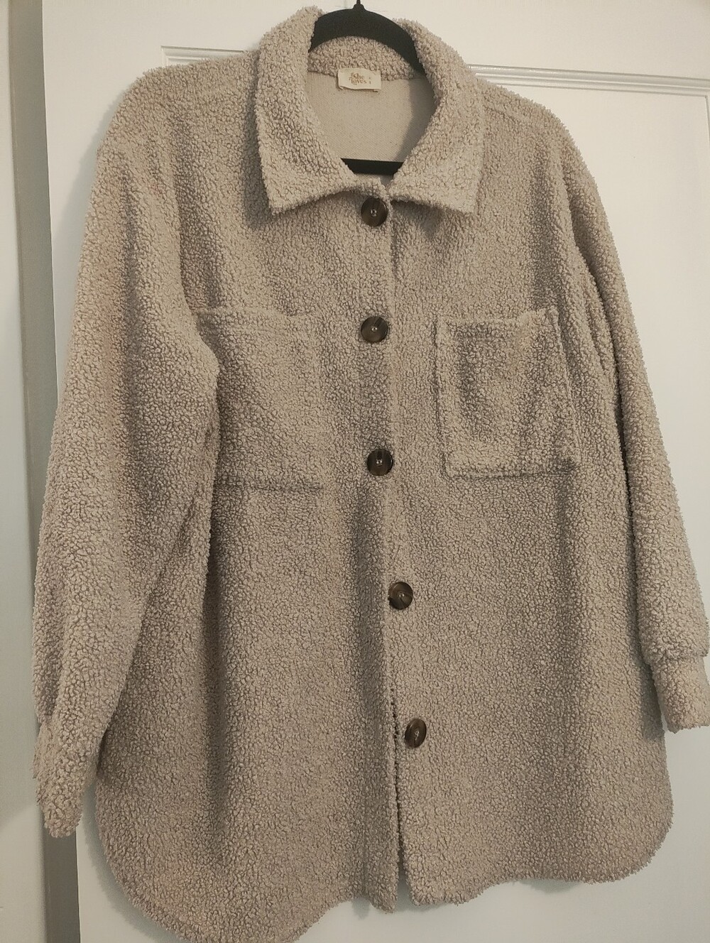 If She Loves Beige‎ Boucle Teddy Shacket Oversized Button Shirt Jacket.